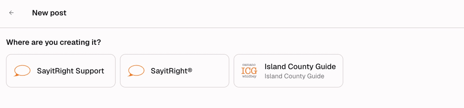 New post screen showing the available channels under Where are you creating it.