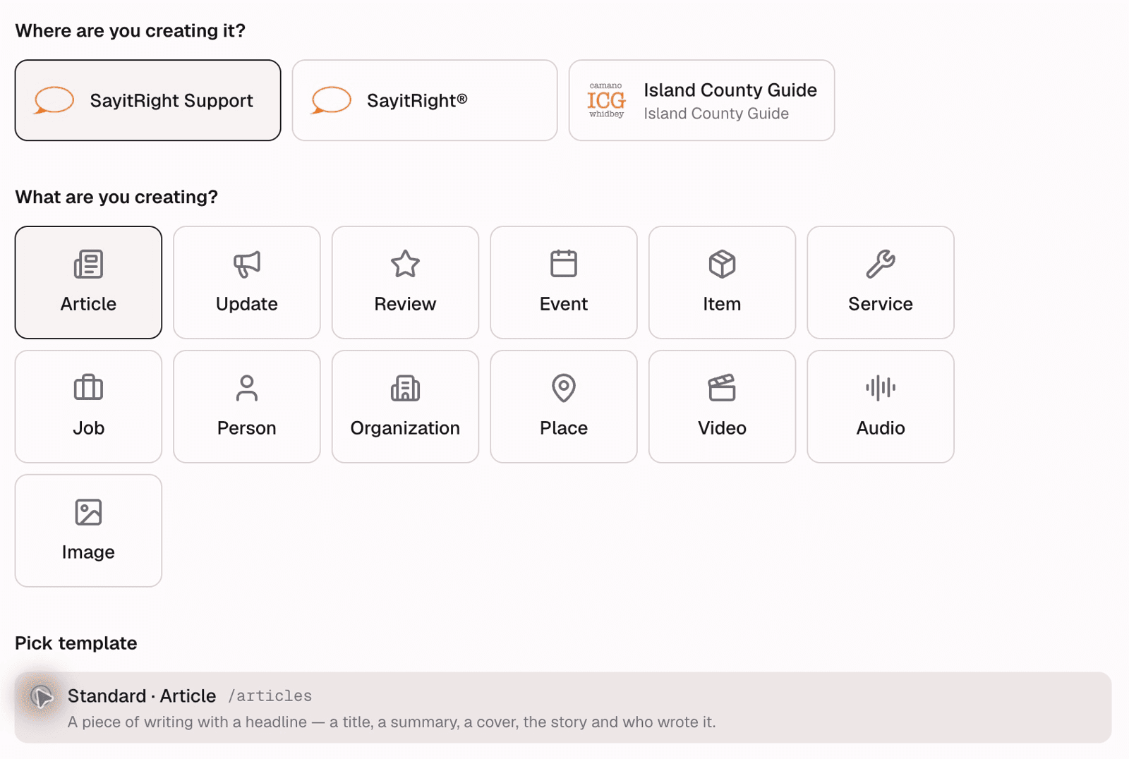 Article selected as the content type, with Standard Article selected under Pick template.