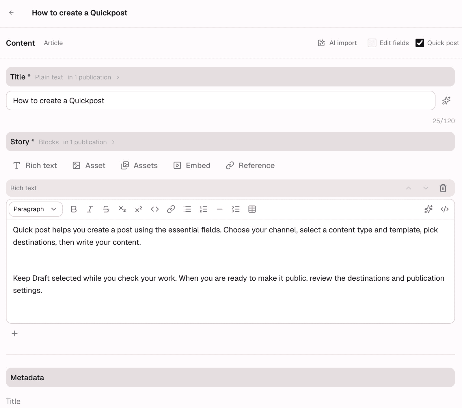 Quick post editor with the required Title and Story filled in.