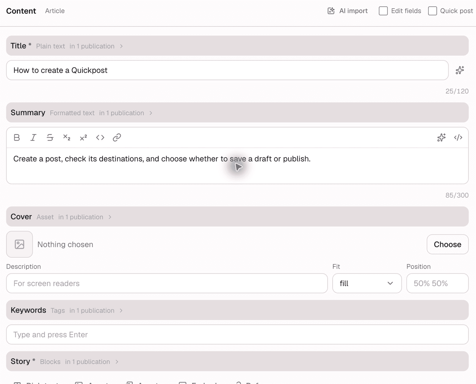 Optional Article fields, including Summary, Cover, Keywords, and the Story editor.