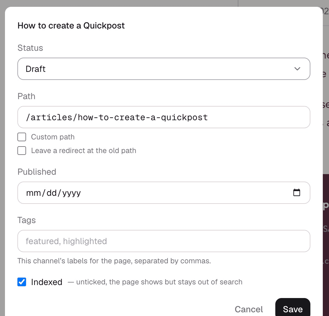 Publication settings dialog showing Draft status, the article path, publication date, tags, Indexed checkbox, and Save button.
