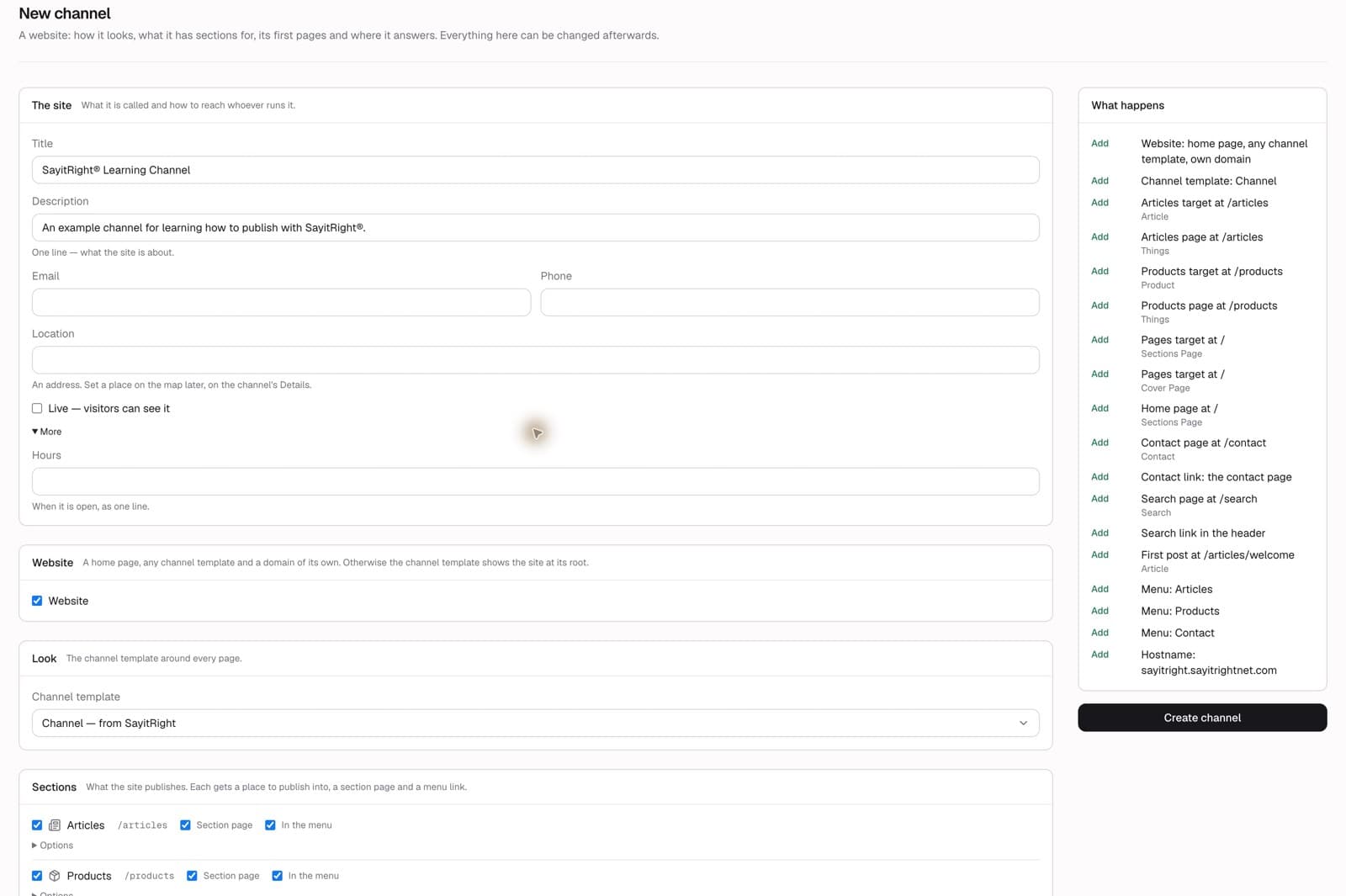 Site identity, visibility, Website, and channel template.