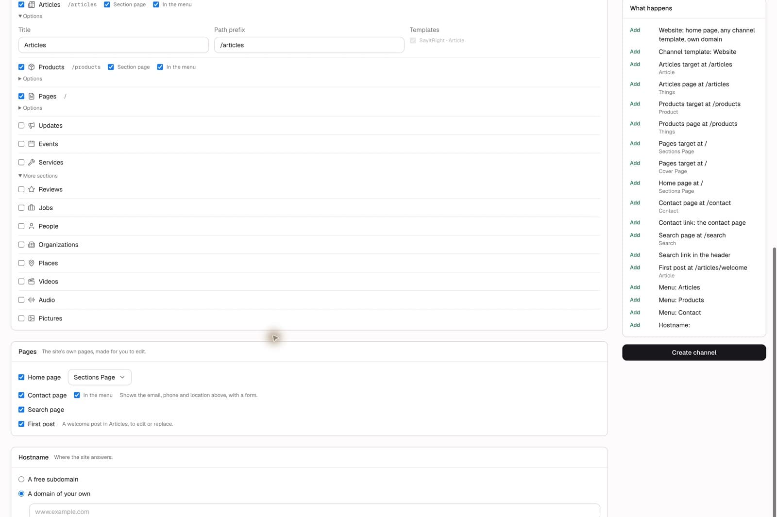 Starter pages and the custom-domain choice.