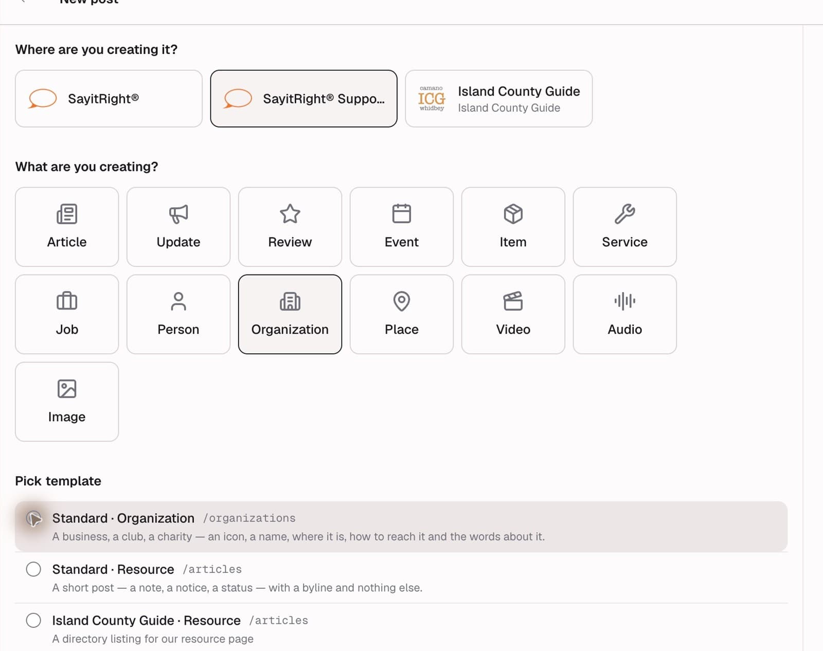 Select Organization and its profile template.