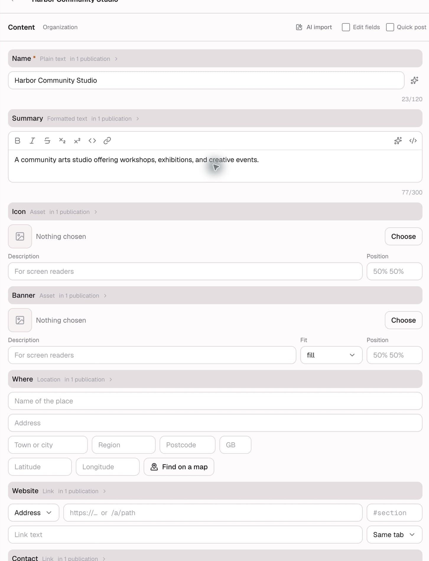 Organization name, summary, images, and profile fields.