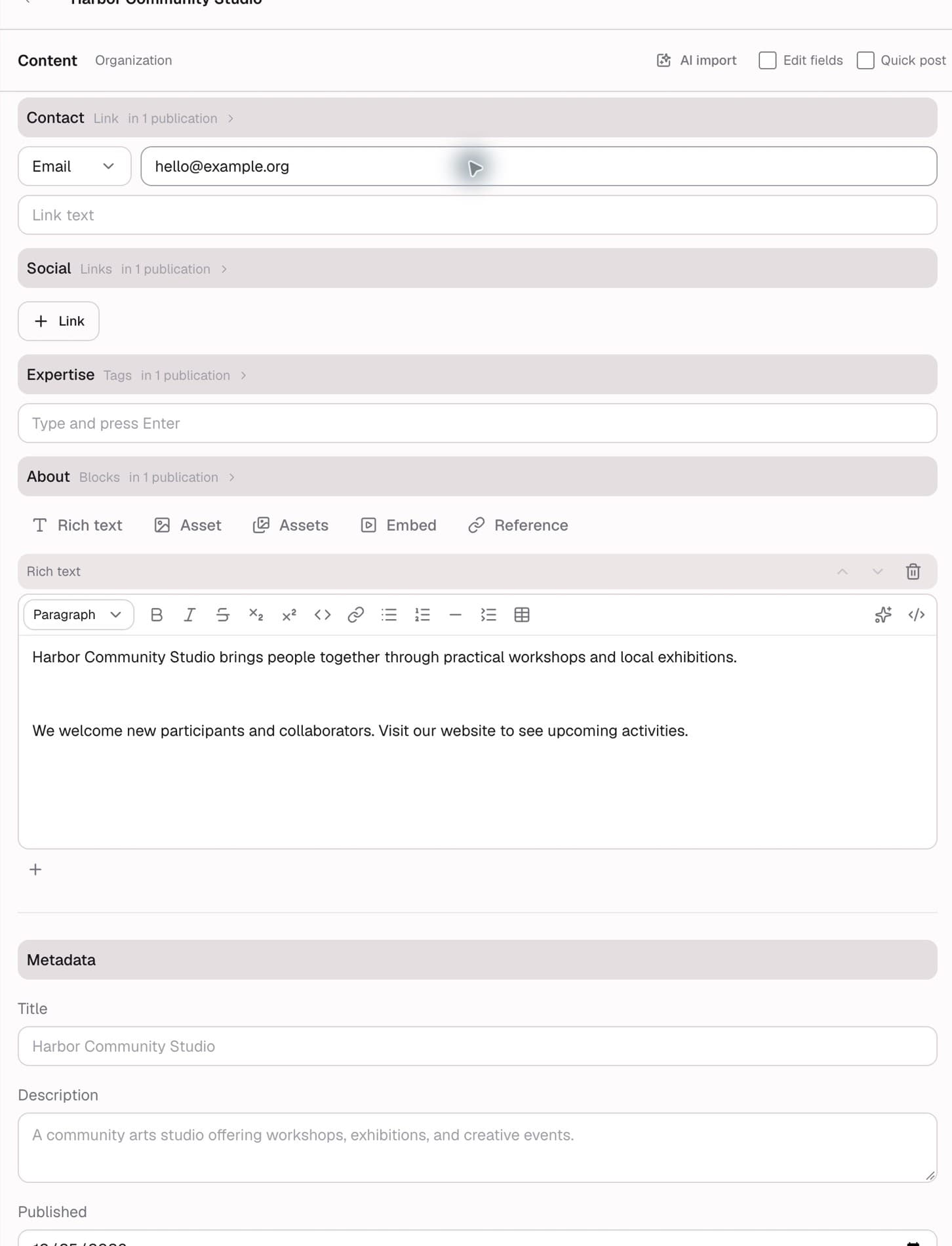 About, contact details, and supporting links.