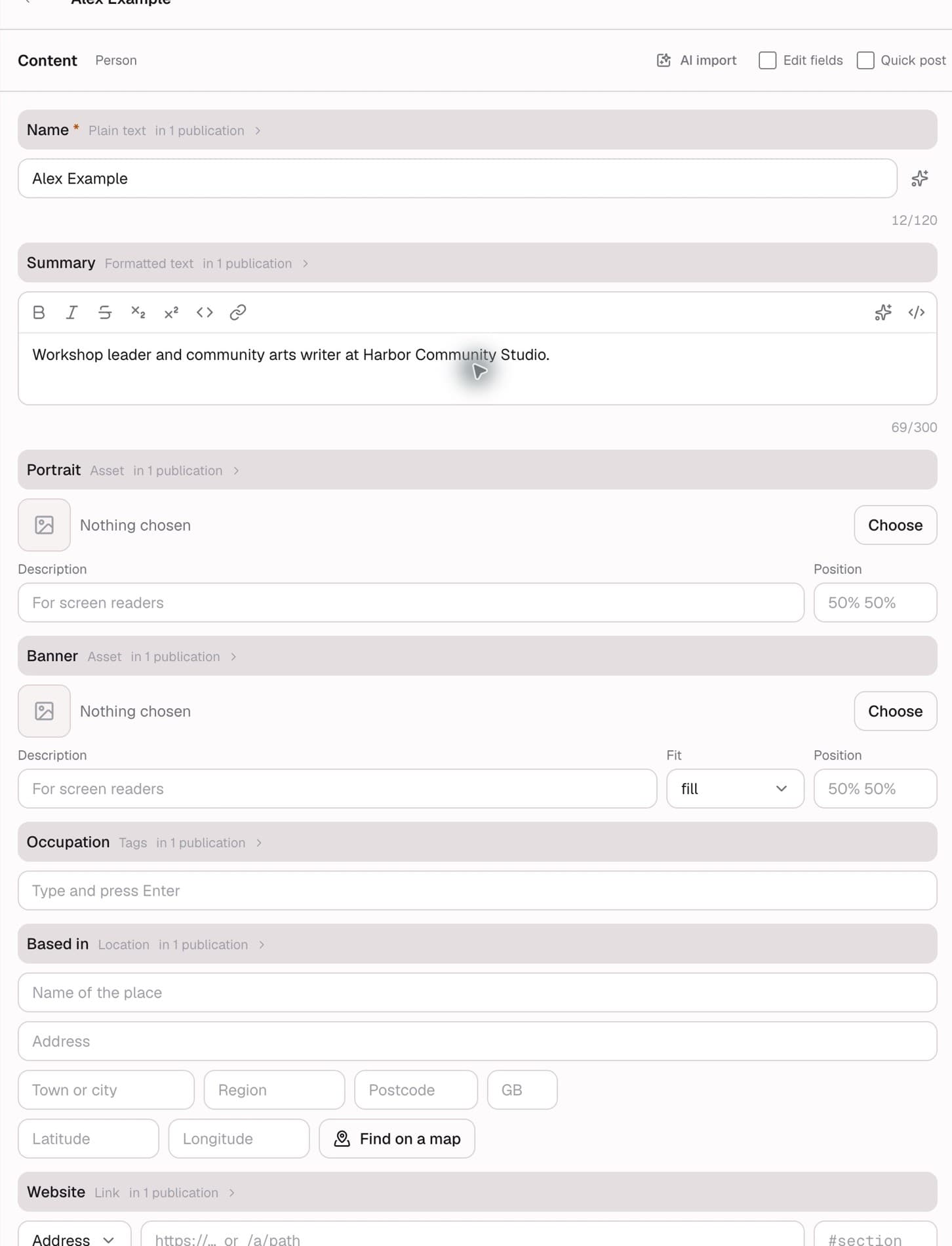 Person name, summary, images, and profile fields.