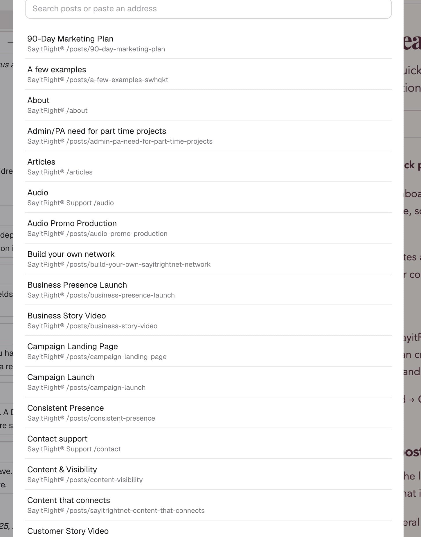 Reference picker with post names, channels, and paths.
